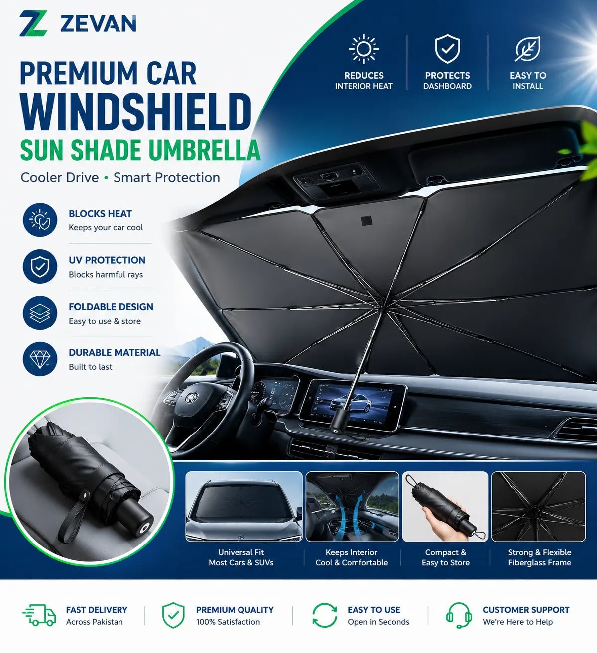 Premium Car Windshield Sun Shade Umbrella - ZEVAN