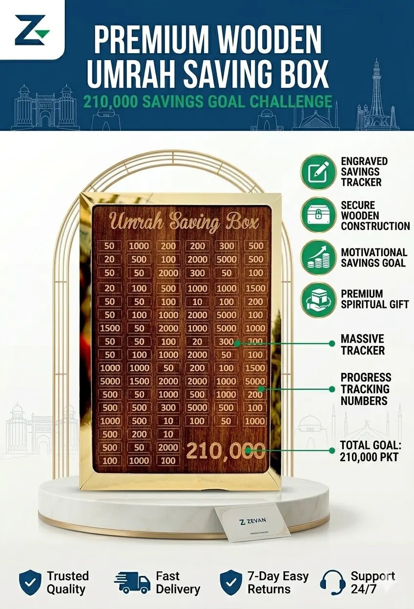 Premium Wooden Umrah Saving Box – 210,000 Savings Goal Challenge Tracker - ZEVAN